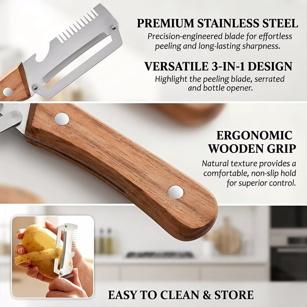 2-Pack Premium Vegetable Peeler with Wooden Handle and Bottle Opener, Multi-Functional Vegetable Peeler for Kitchen