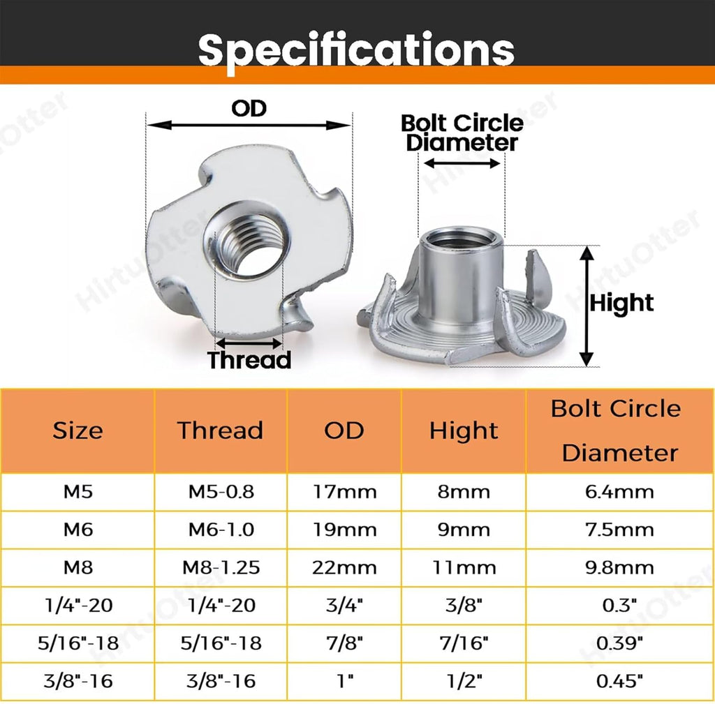 304 Stainless Steel T-Nuts 4-Pronged M8 (25 PCS)