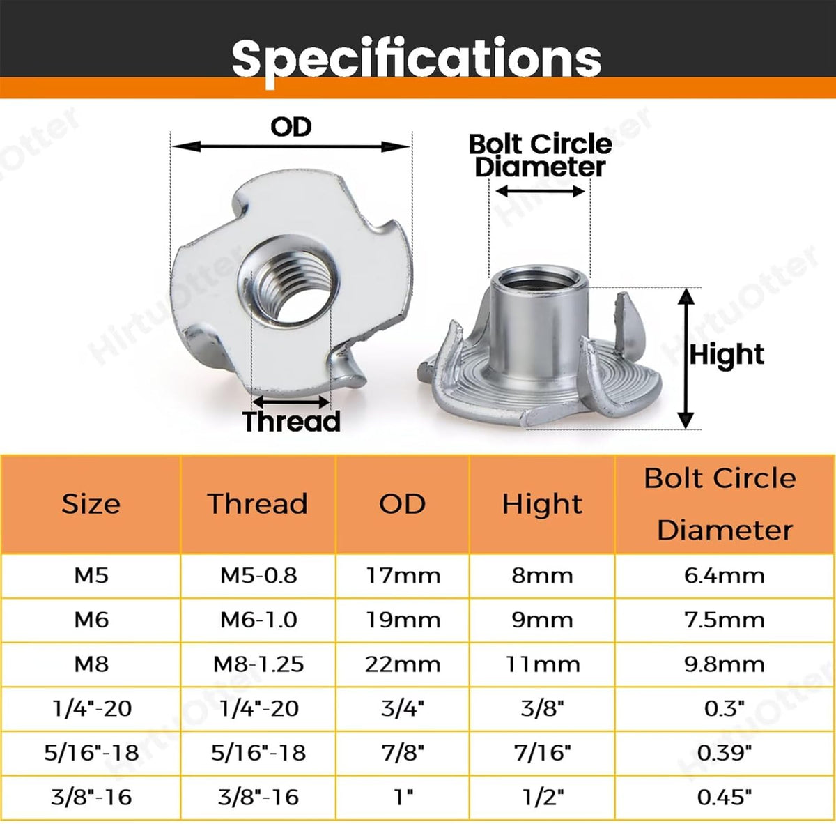 304 Stainless Steel T-Nuts 4-Pronged M8 (25 PCS)