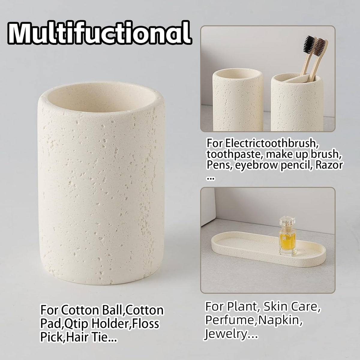 Bathroom Accessories Set,4 PCS Travertine Stone Look Collection,Cream | Modern Bath Organizer with 13.53 OZ Soap