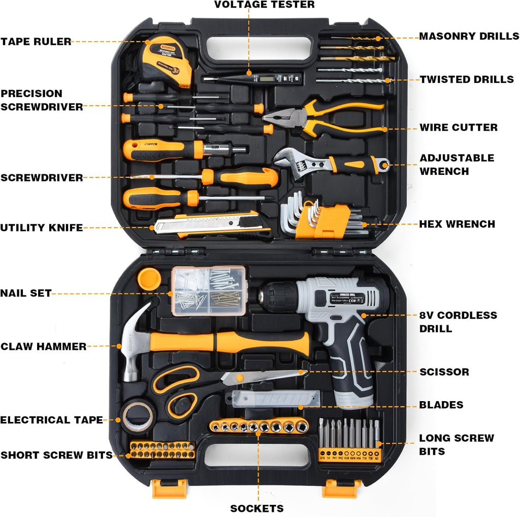 Upgraded 180 Piece Tool Set, Tool Kit with 8V Cordless Drill Set, General Household Hand Drill Kit for Men and Women