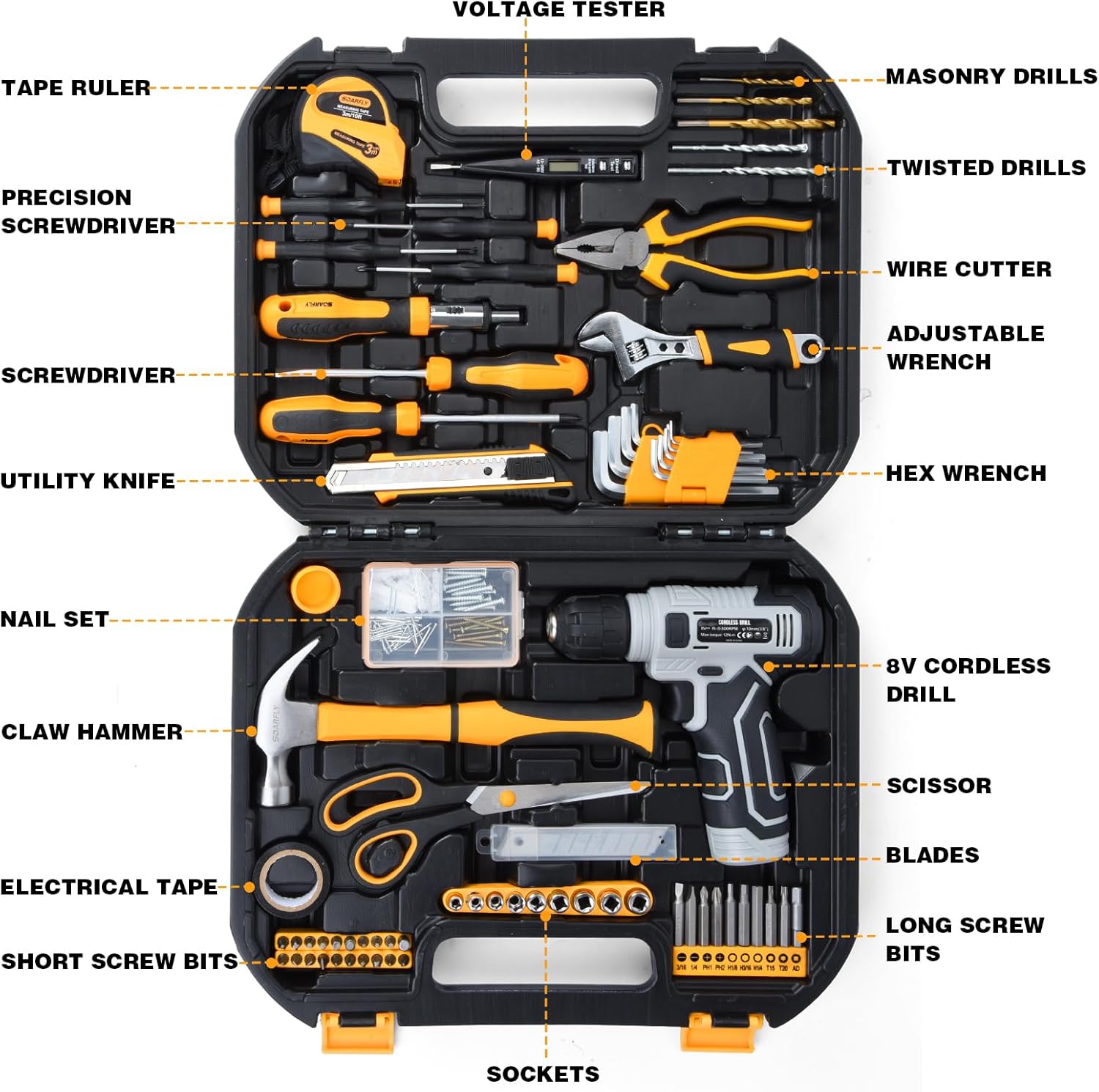 Upgraded 180 Piece Tool Set, Tool Kit with 8V Cordless Drill Set, General Household Hand Drill Kit for Men and Women