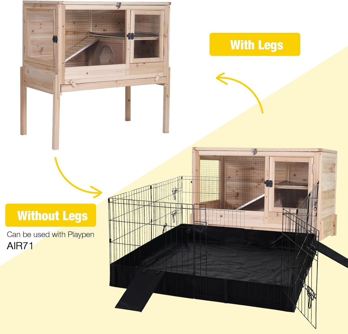Wooden Guinea Pig Cages Indoor with Removable Stand, Anti Chewing Rabbit Hutch with Ramp and Wire Mesh, 2 Story Small