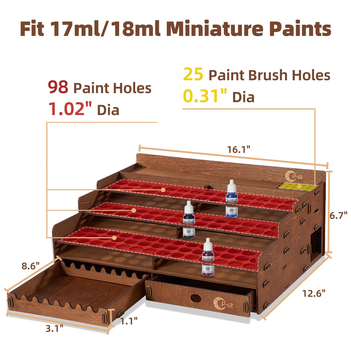 Wooden Paint Organizer 98 Holes Rack for Miniature Paints & Brushes