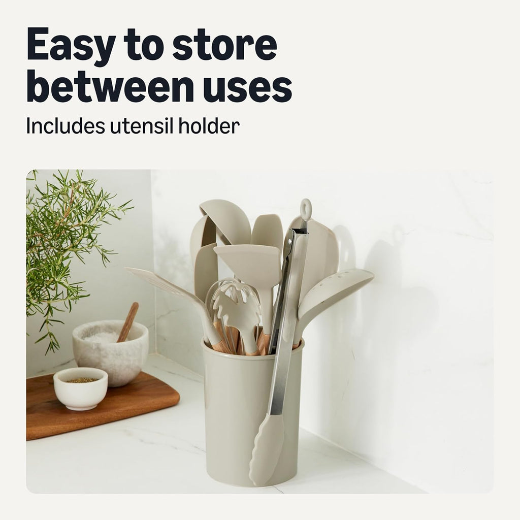 Silicone Cooking Utensils Set with Wooden Handle, 14-Piece, BPA-Free, Utensil Holder Included, Linen Gray
