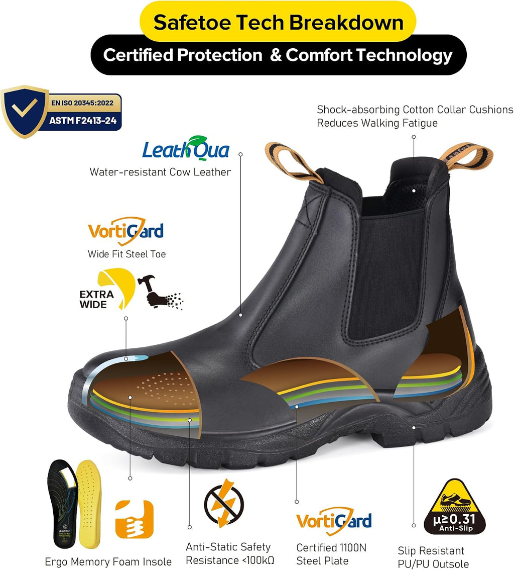 Mens Work Boots Steel Toe Chelsea Safety Boots Cow Leather Waterproof Lightweight Working Shoes