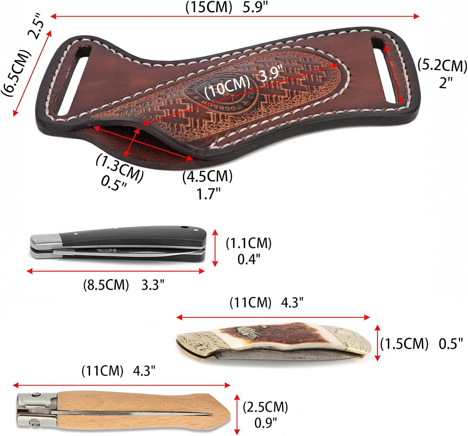 Leather Knife Sheath for Belt EDC Folding Pocket Knife Holster Compact Draw | 3mm thick leather, fits Buck 110 &