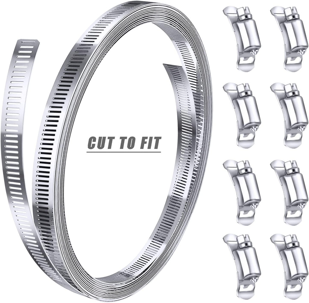 Stainless Steel Worm Gear Hose Clamp Assortment Kit, Cut-To-Fit | DIY 12FT Strap+8 Fasteners, Large Adjustable Band