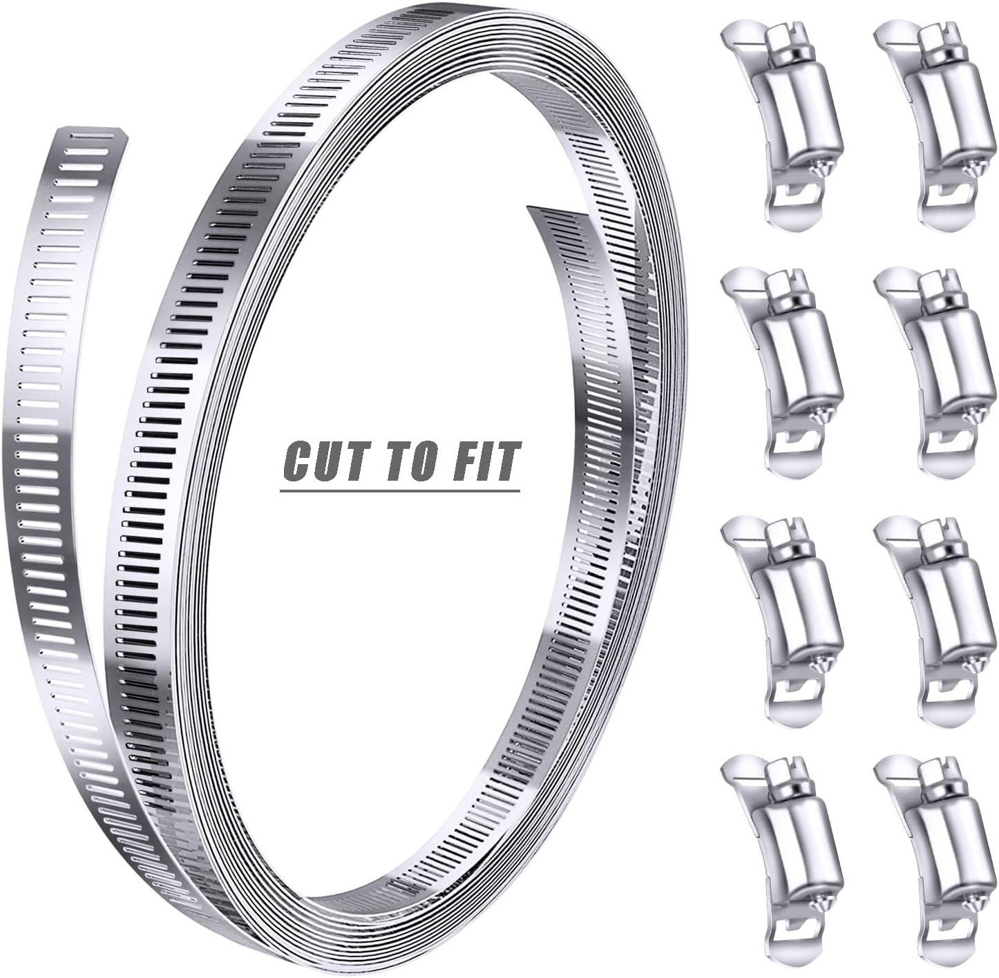 Stainless Steel Worm Gear Hose Clamp Assortment Kit, Cut-To-Fit | DIY 12FT Strap+8 Fasteners, Large Adjustable Band