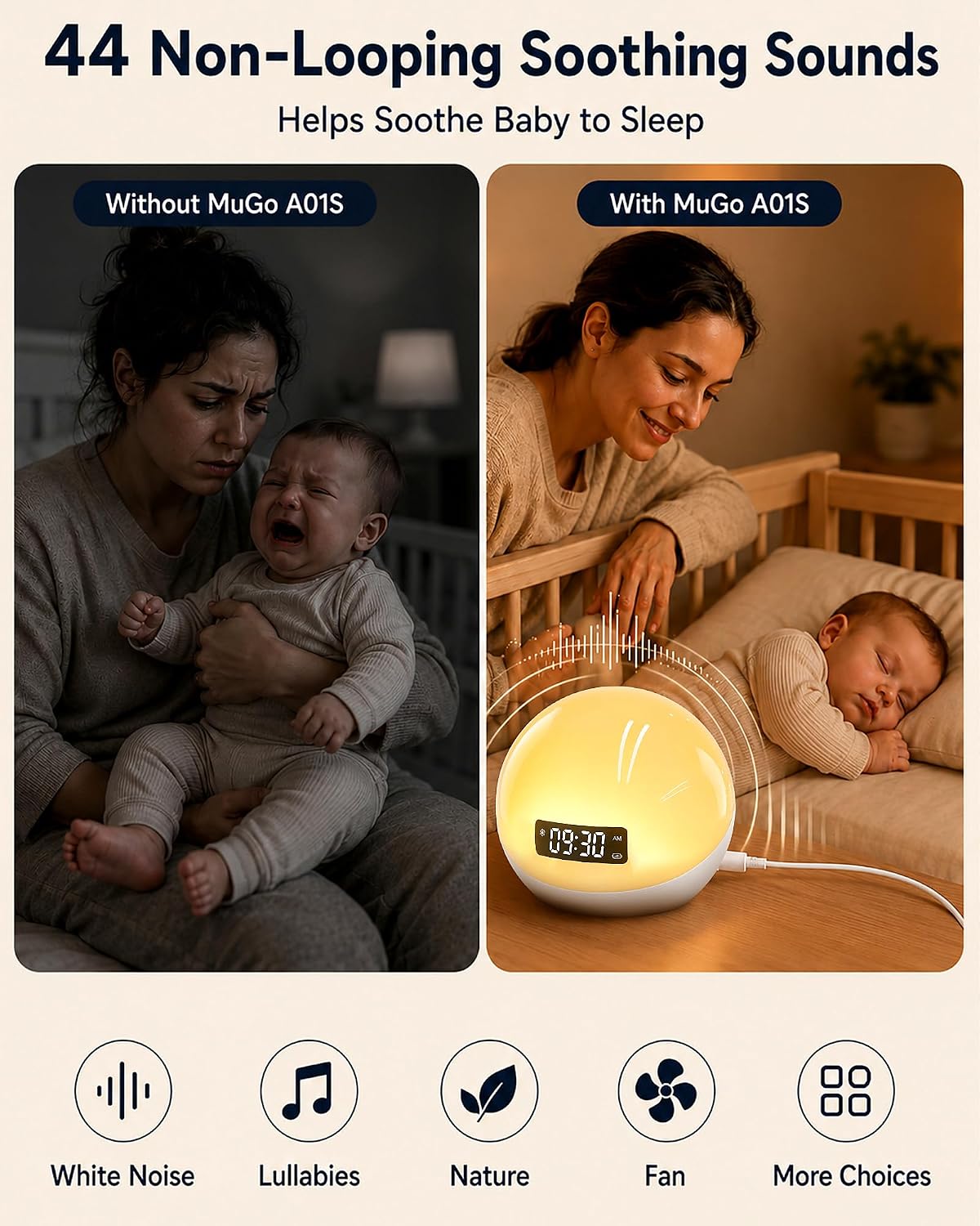 White Noise Sound Machine with Sunrise Alarm Clock for Kids Baby Shusher | 44 Non-Looping Soothing Sounds, 10-Color