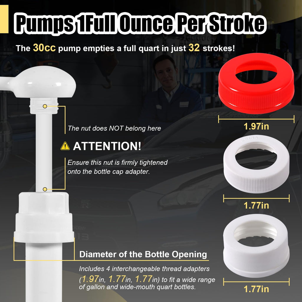 Fluid Pump for Gallon Bottles, 4 Size Cap Adapters (38/40/43/50mm) + Extension Tubes, Wide-Mouth Quart Compatible， Antifreeze with This 30cc Hand Pump(Not for Standard Quart)