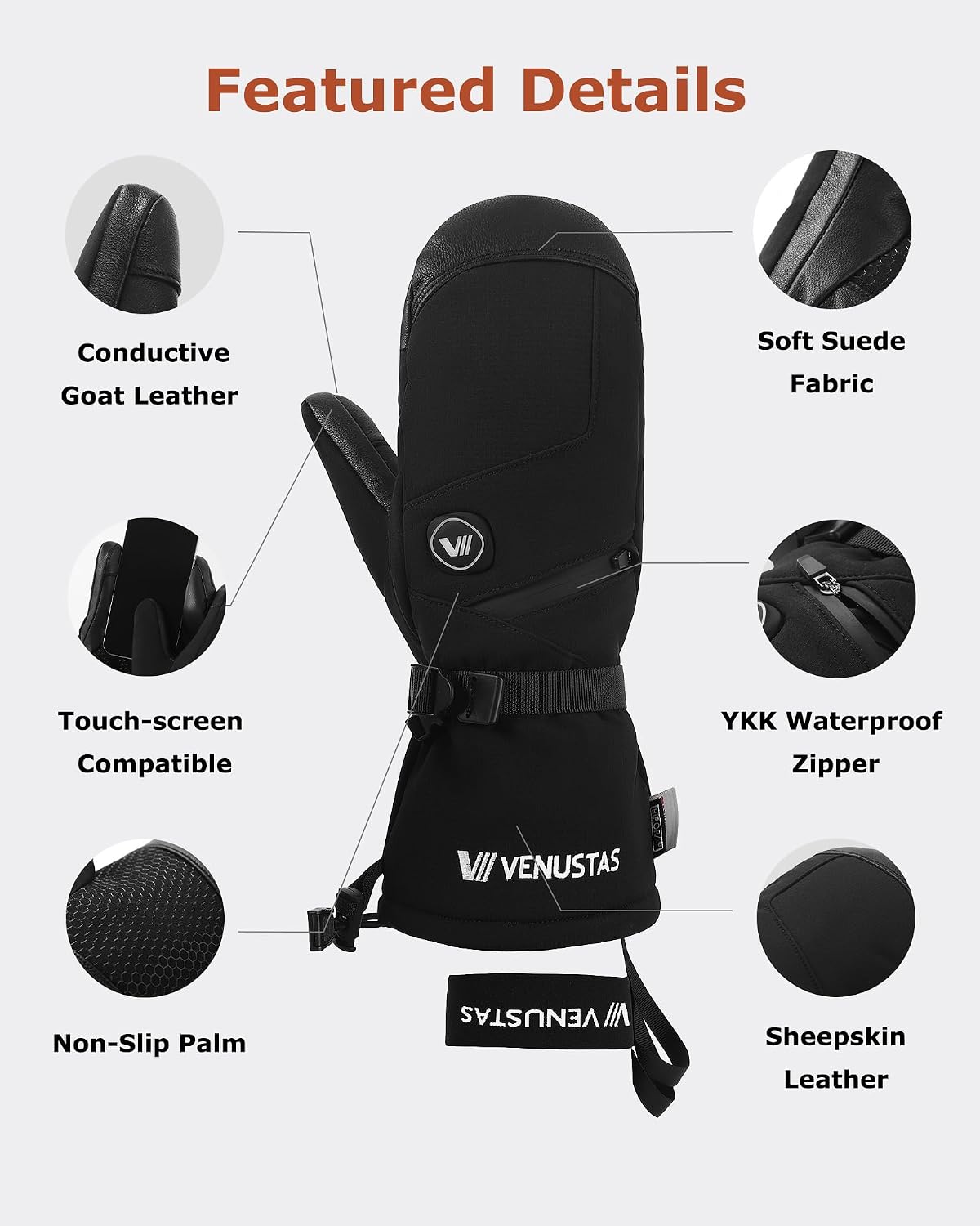 Heated Mittens for Men & Women, 14H Battery Gloves with Smart Temperature Control, Waterproof Leather Ski Gloves