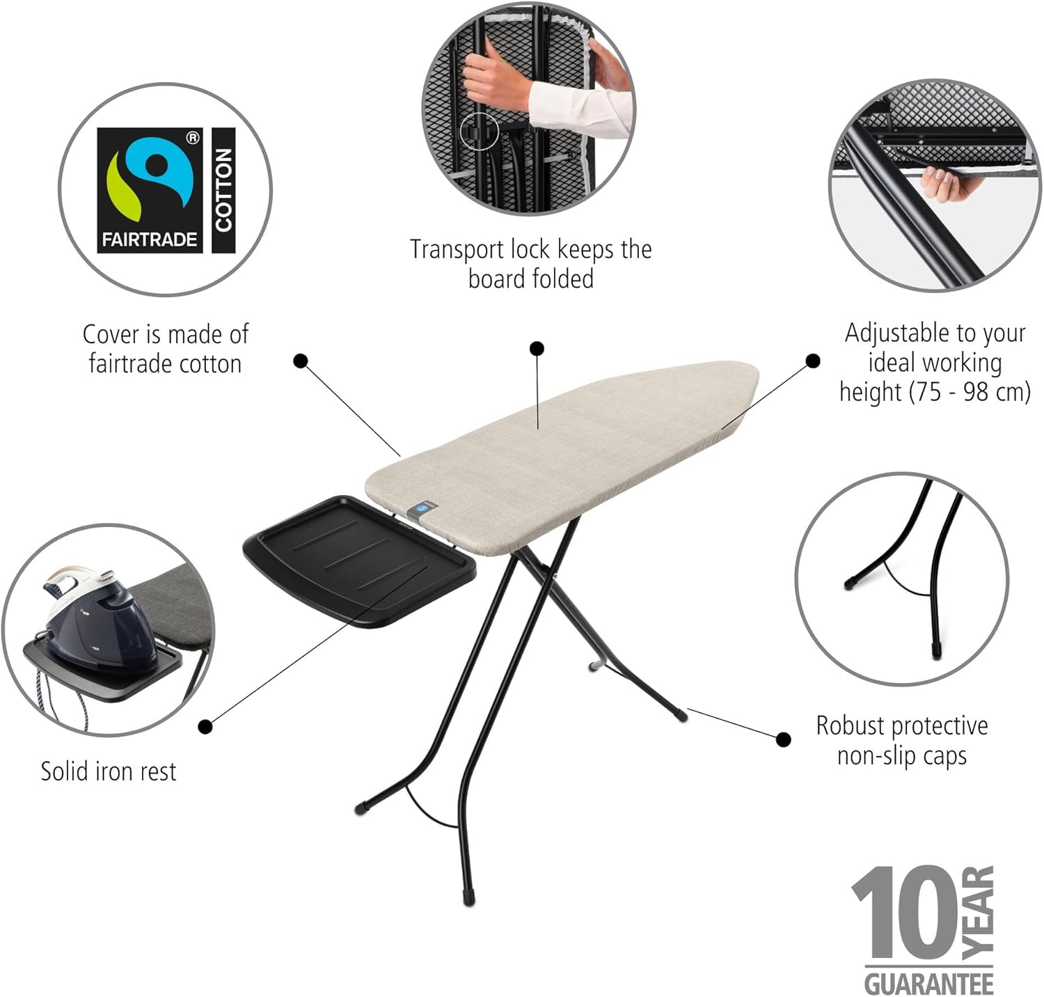XL Comfort Ironing Board with Solid Steam Generator Rest | Large (Size C) | Fairtrade Denim Gray Cover | Adjustable