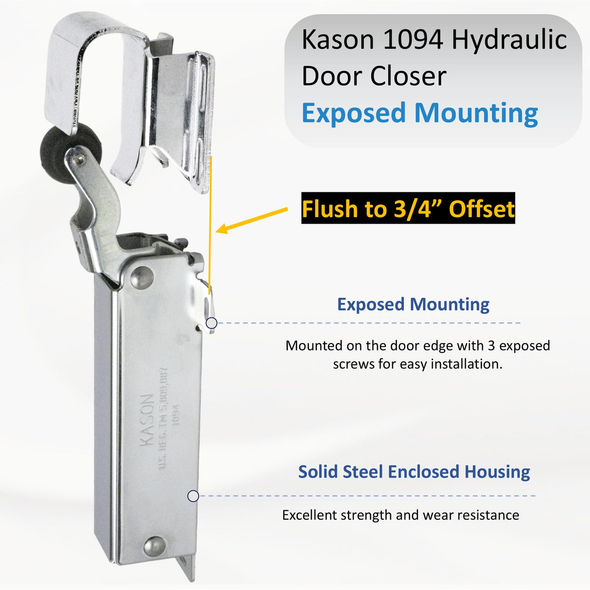Awoco 1094 Hydraulic Door Closer, Concealed Mounting with 1094-X26 Adjustable Wide Hook (Flush to 3/4” Offset) for Walk-in Coolers/Freezers by Kason