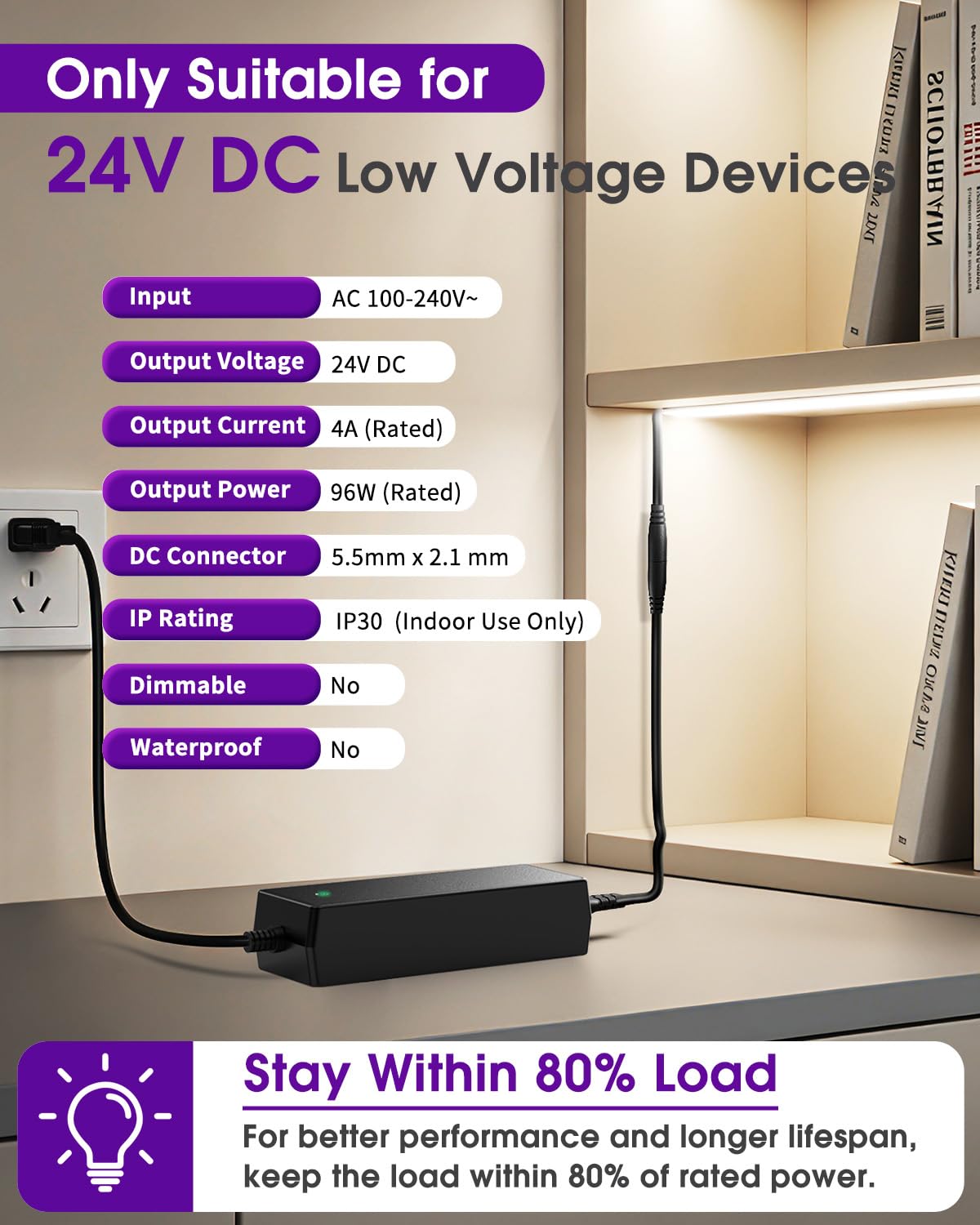 24V 4A 96W Power Supply, AC/DC LED Adapter, Class 2, UL-Listed