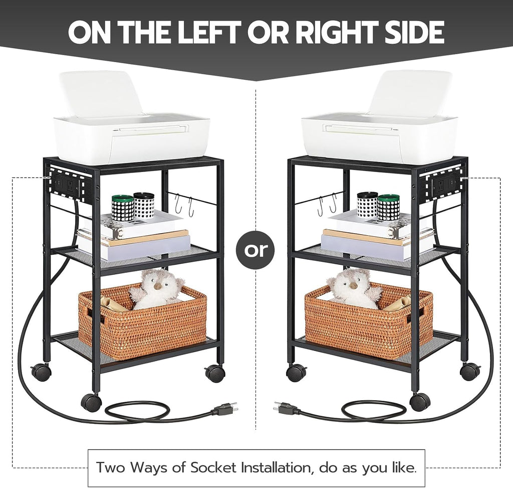 Industrial Printer Stand, 3-Tier Mobile Printer Table, Rolling Cart with Power Outlets and USB Ports, Home Printer