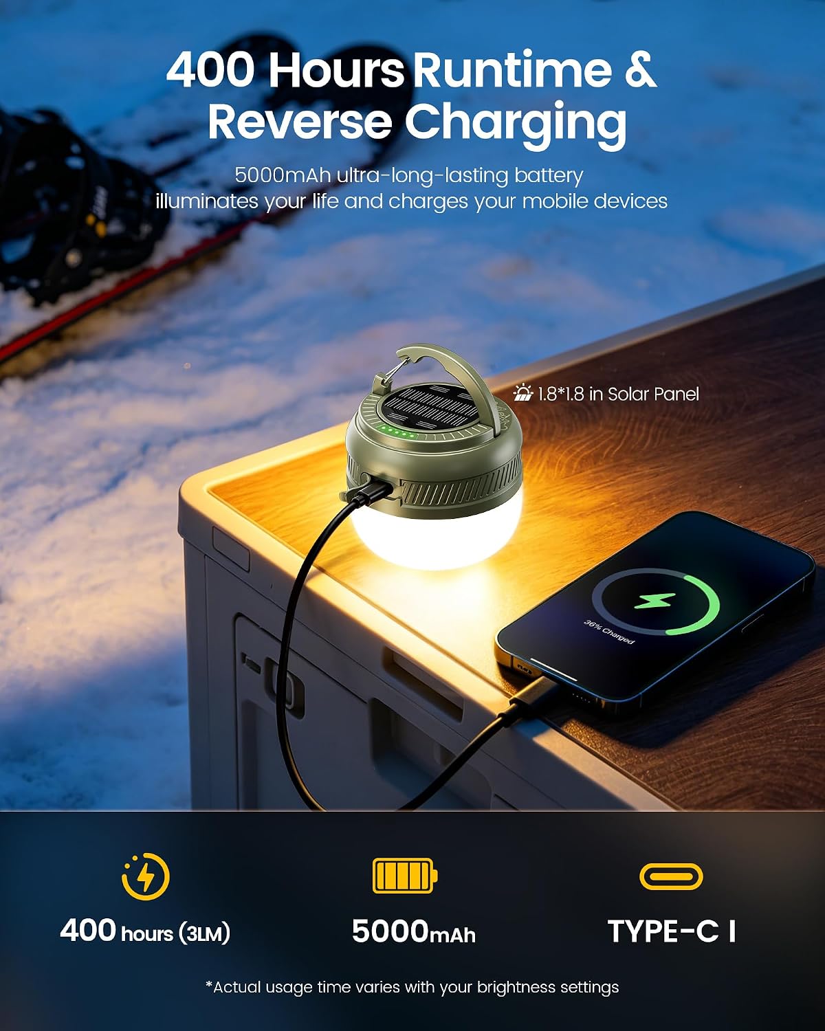 400H Camping Lantern, 5000mAh Rechargeable Lantern, Solar Pocket | Led Camping Lantern with 5 Brightness 3 Modes