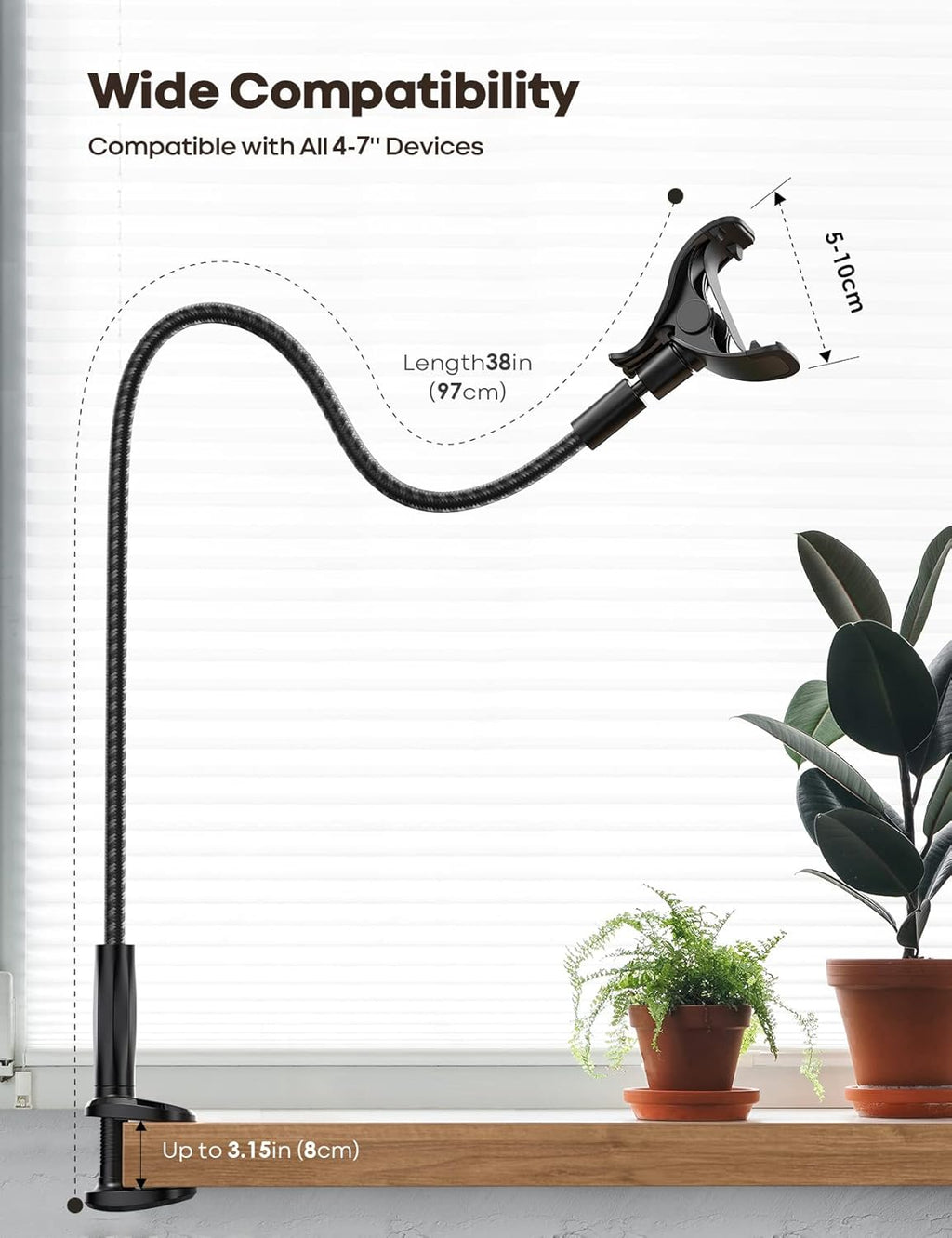 Gooseneck Phone Holder Bed - [Nylon Braided] Flexible Arm, 38inch Overall Length, 360 Adjustable Clamp Clip, Overhead
