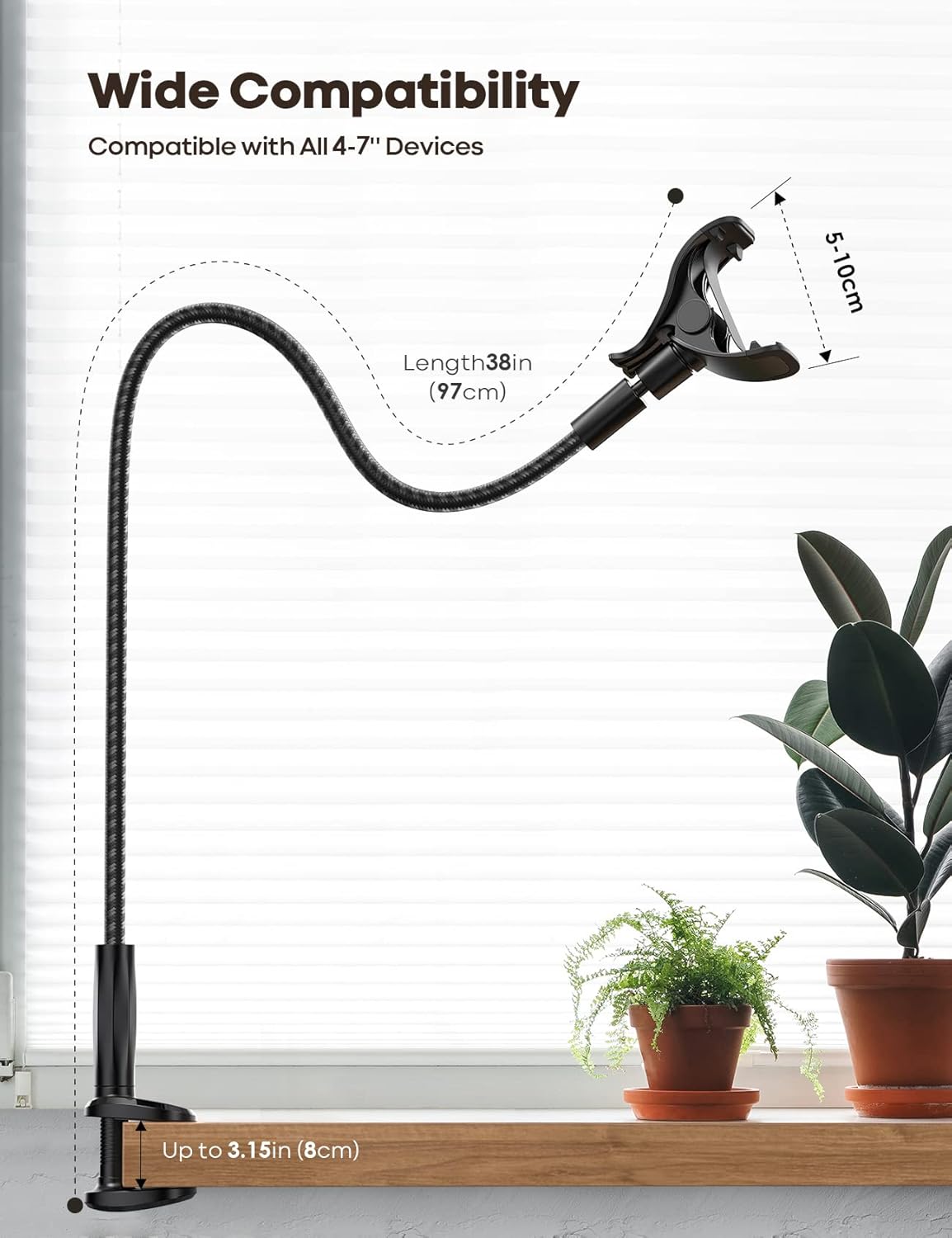 Gooseneck Phone Holder Bed - [Nylon Braided] Flexible Arm, 38inch Overall Length, 360 Adjustable Clamp Clip, Overhead