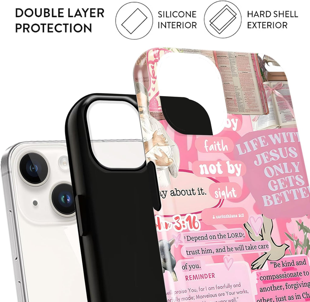 Pink Collage Jesus Quote Phone Case for iPhone 14/iPhone 13 6.1", Girly Bow Christian Bible Verse Design Cover for