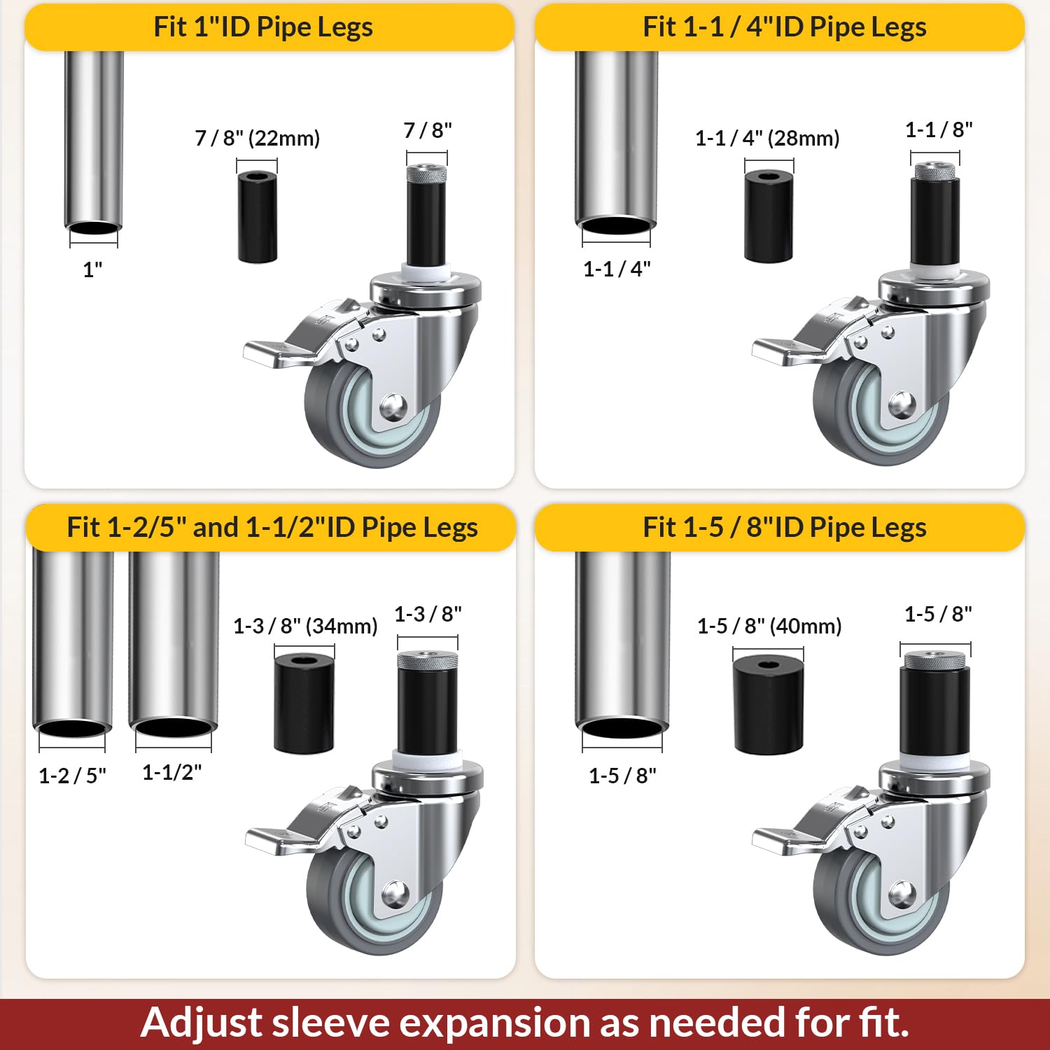 Caster Wheels Locking 3 Inch Expanding Stem Casters, Threaded Swivel Casters Set of 4 Heavy Duty Castors, Fit 1"
