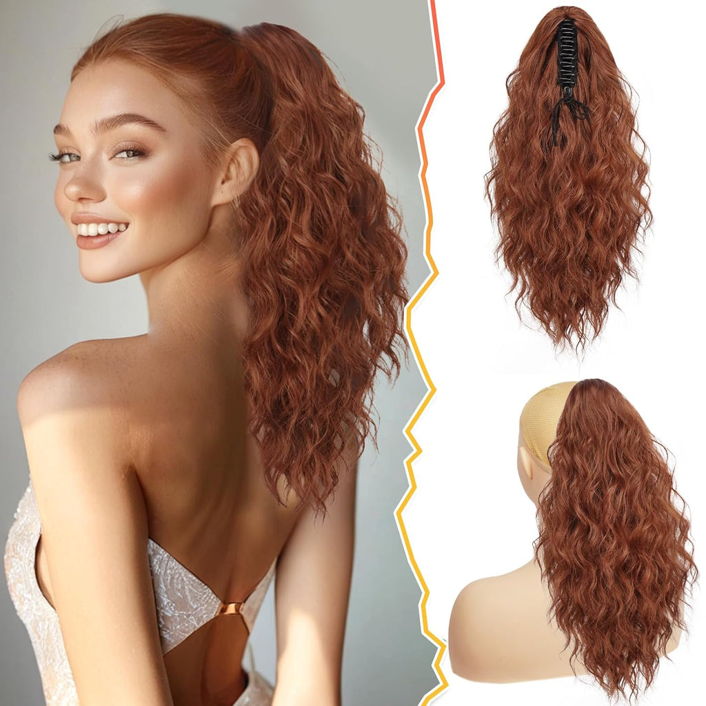 18 Inch Claw Clip Auburn Ponytail Extension – Thick Soft Wavy Curly Hairpieces for Women, Synthetic Claw Clip Hair