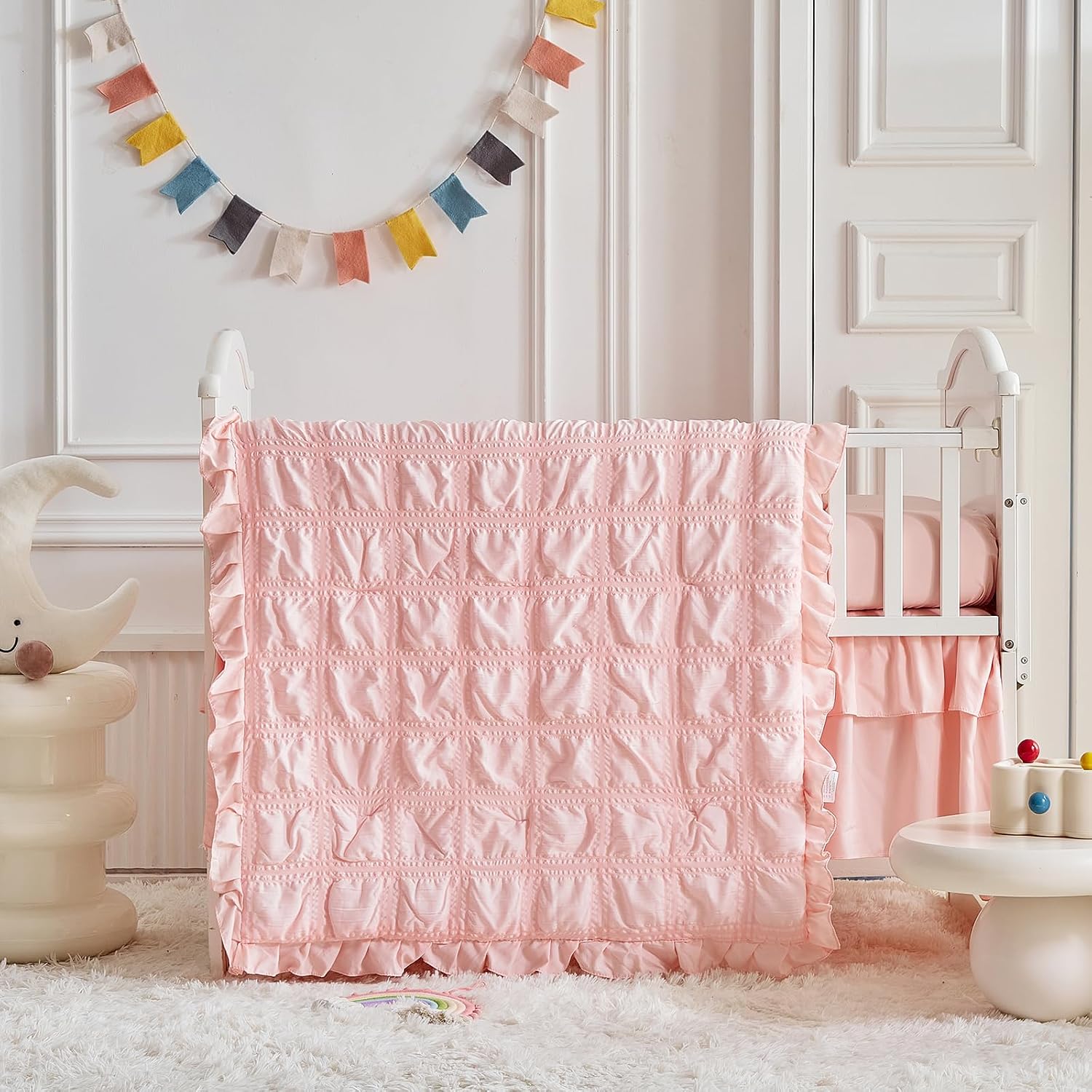 Ruffled Crib Bedding Set Baby Boho Quilted Comforter with Fitted Sheet and Bed Skirt - Cute Soft Breathable