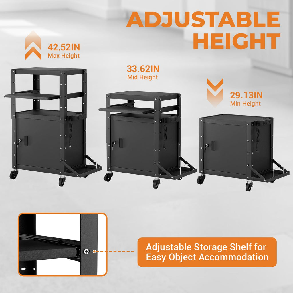 Mobile AV Cart with Side Shelves, Rolling Computer Cart Height Adjustable Rolling Media Utility Cart with Pullout