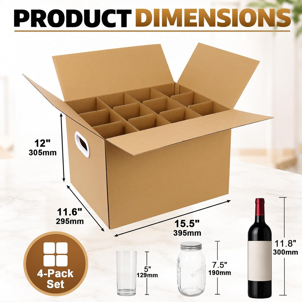 Wine Boxes for Moving, 4 Pack, 3-Ply B-Flute, 12 Compartments