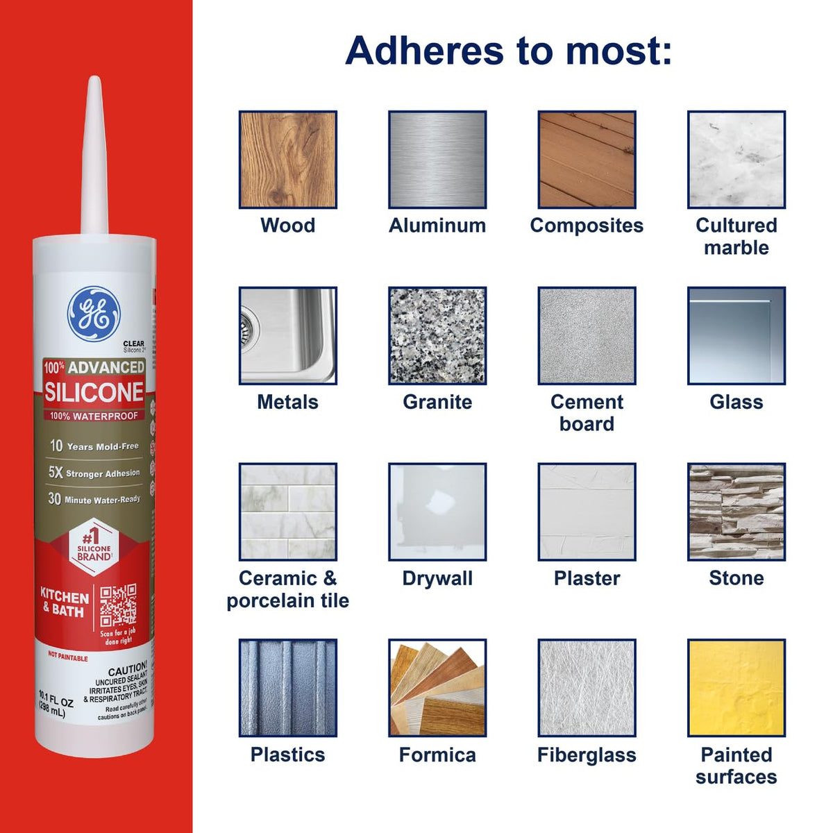 Advanced Silicone Caulk for Kitchen & Bathroom, Clear, 10 fl oz Cartridge, 1 Pack - 100% Waterproof Silicone Sealant