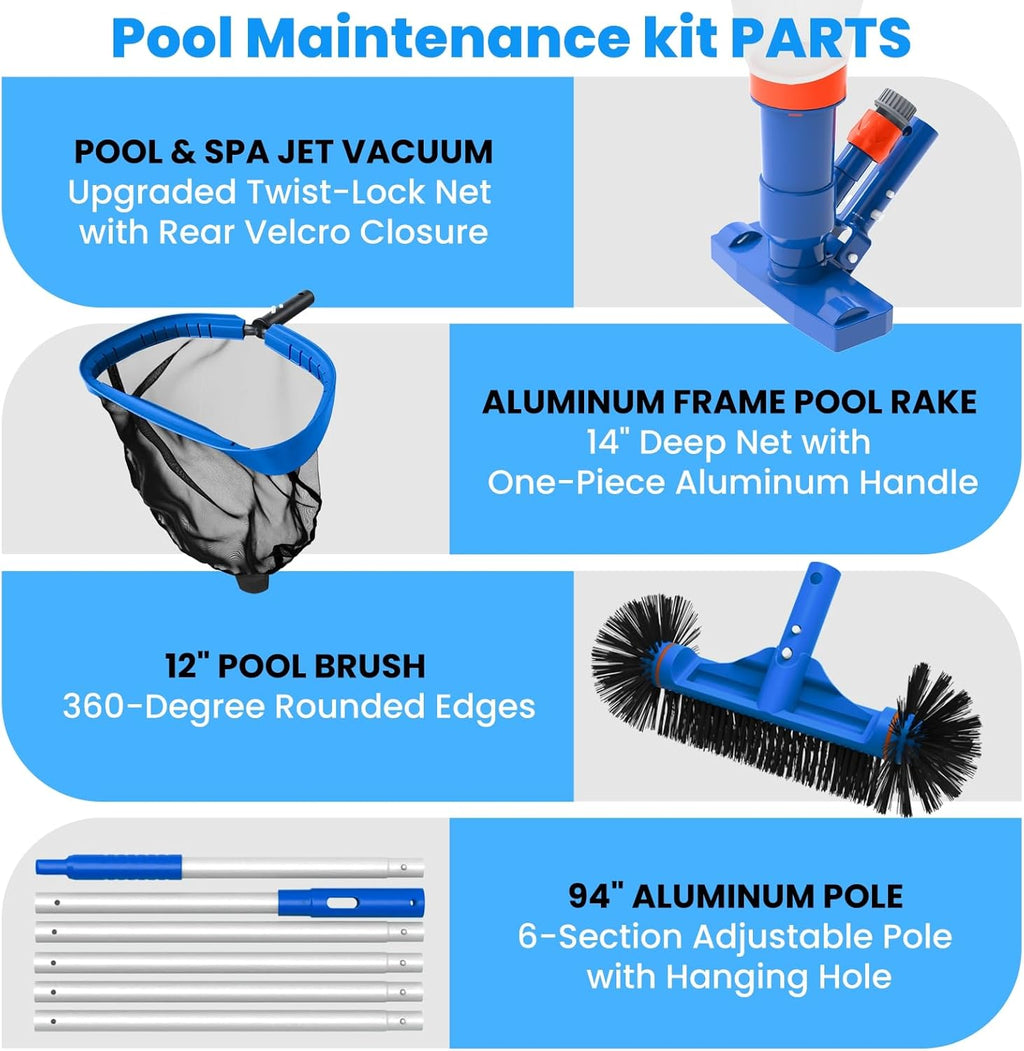 Pool Cleaning Kit with Spa Jet Vacuum Cleaner, 8-Foot Pole, Leaf Rake Net & Round Brush for Inflatable and
