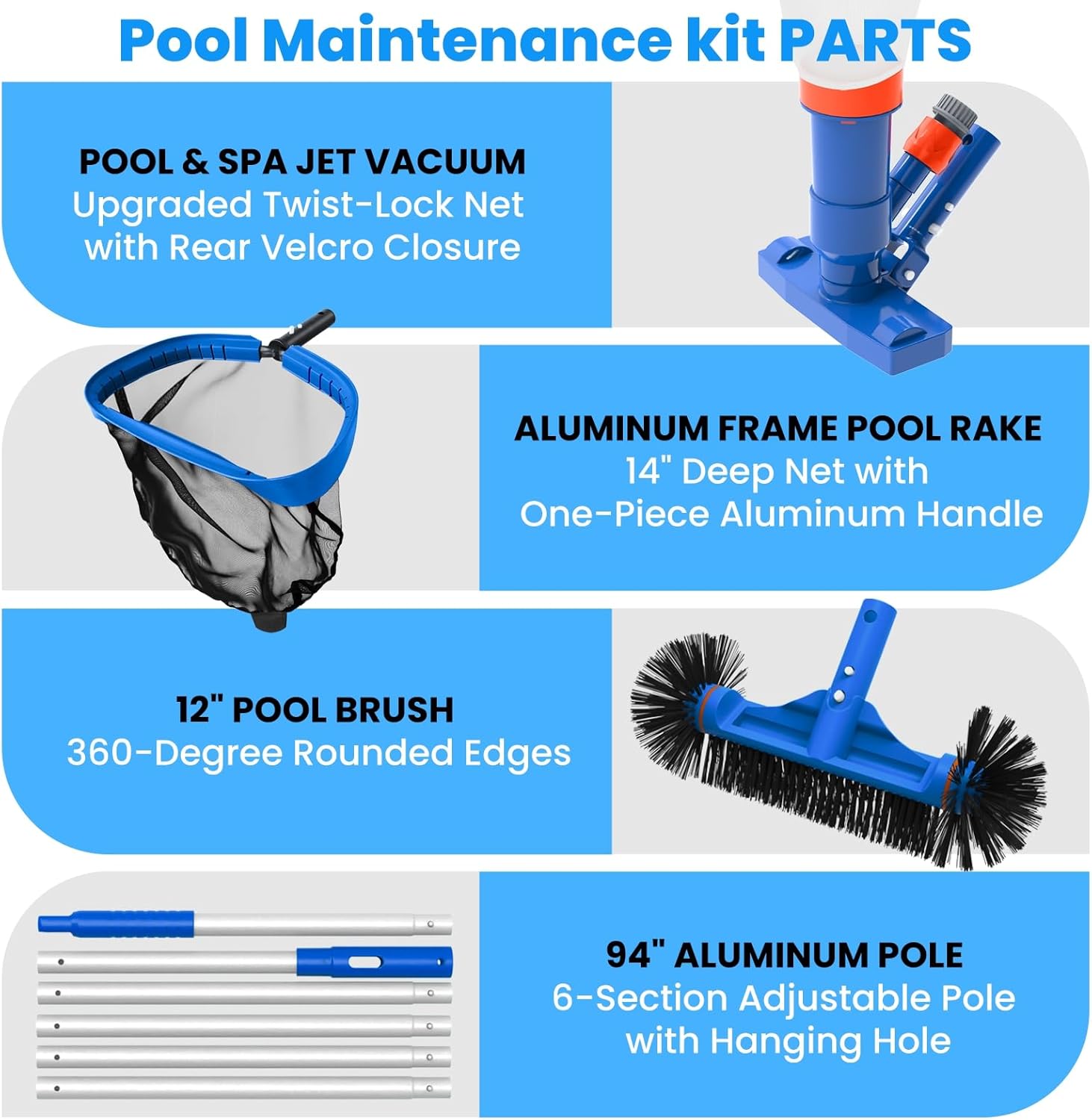 Pool Cleaning Kit with Spa Jet Vacuum Cleaner, 8-Foot Pole, Leaf Rake Net & Round Brush for Inflatable and