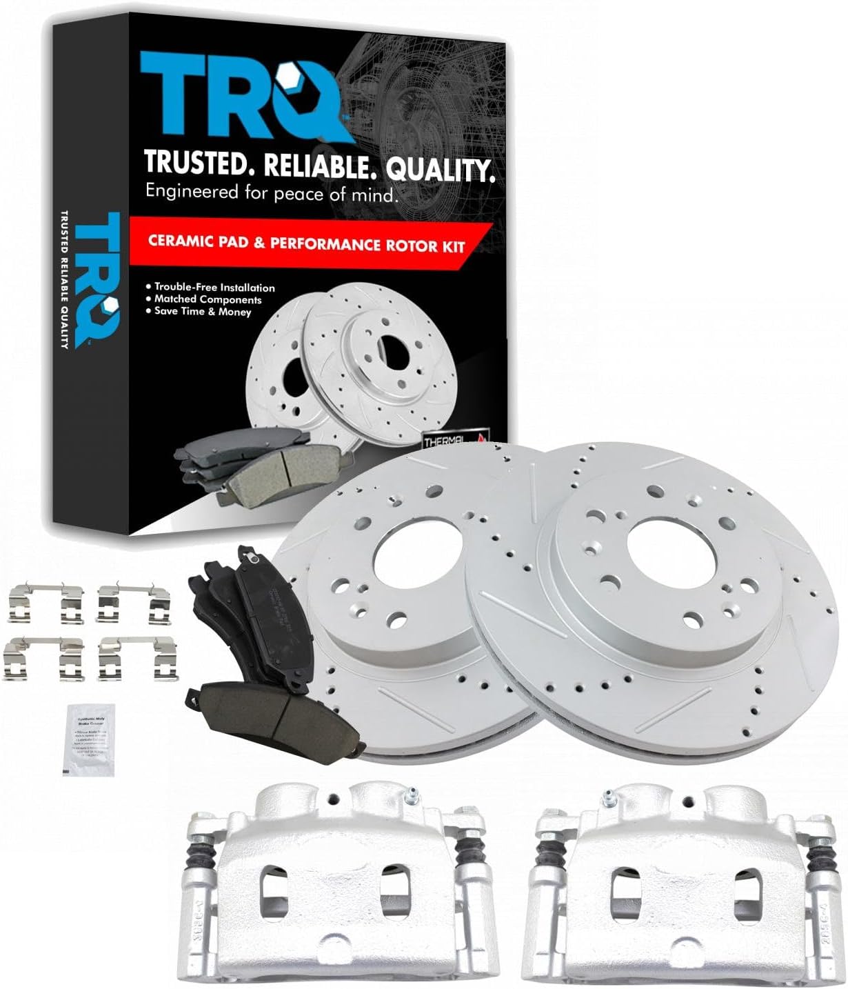 Performance Front Brake Calipers Ceramic Pads Drilled Rotors Compatible with Sierra Silverado Tahoe