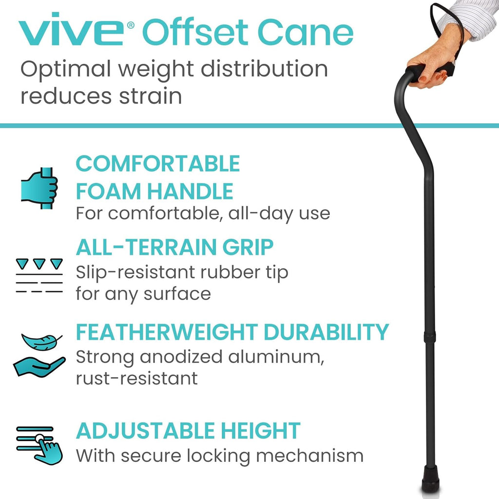 Offset Walking Cane with Comfort-Foam Handle - for Women, Men, Seniors - Lightweight & Adjustable Single Point