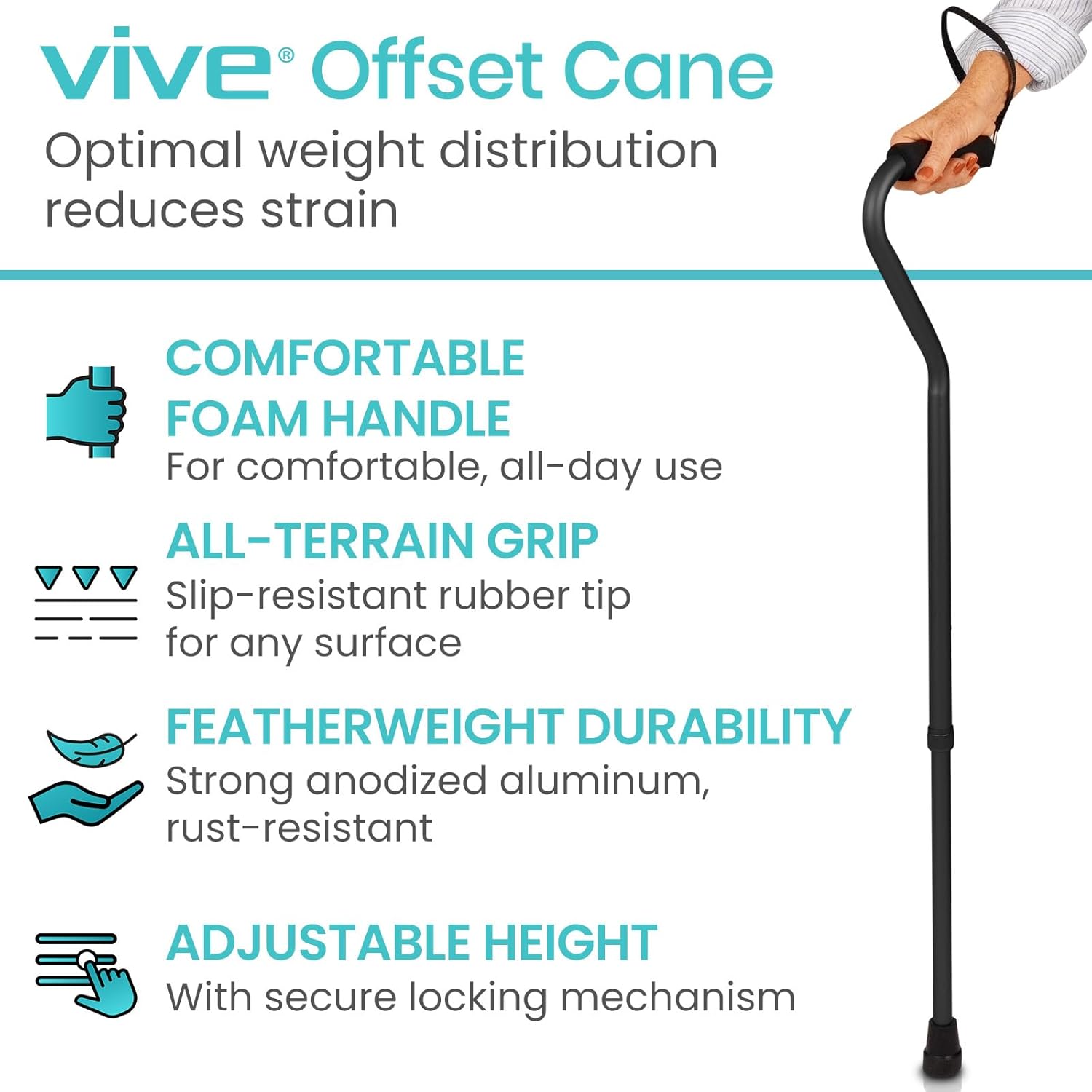 Offset Walking Cane with Comfort-Foam Handle - for Women, Men, Seniors - Lightweight & Adjustable Single Point