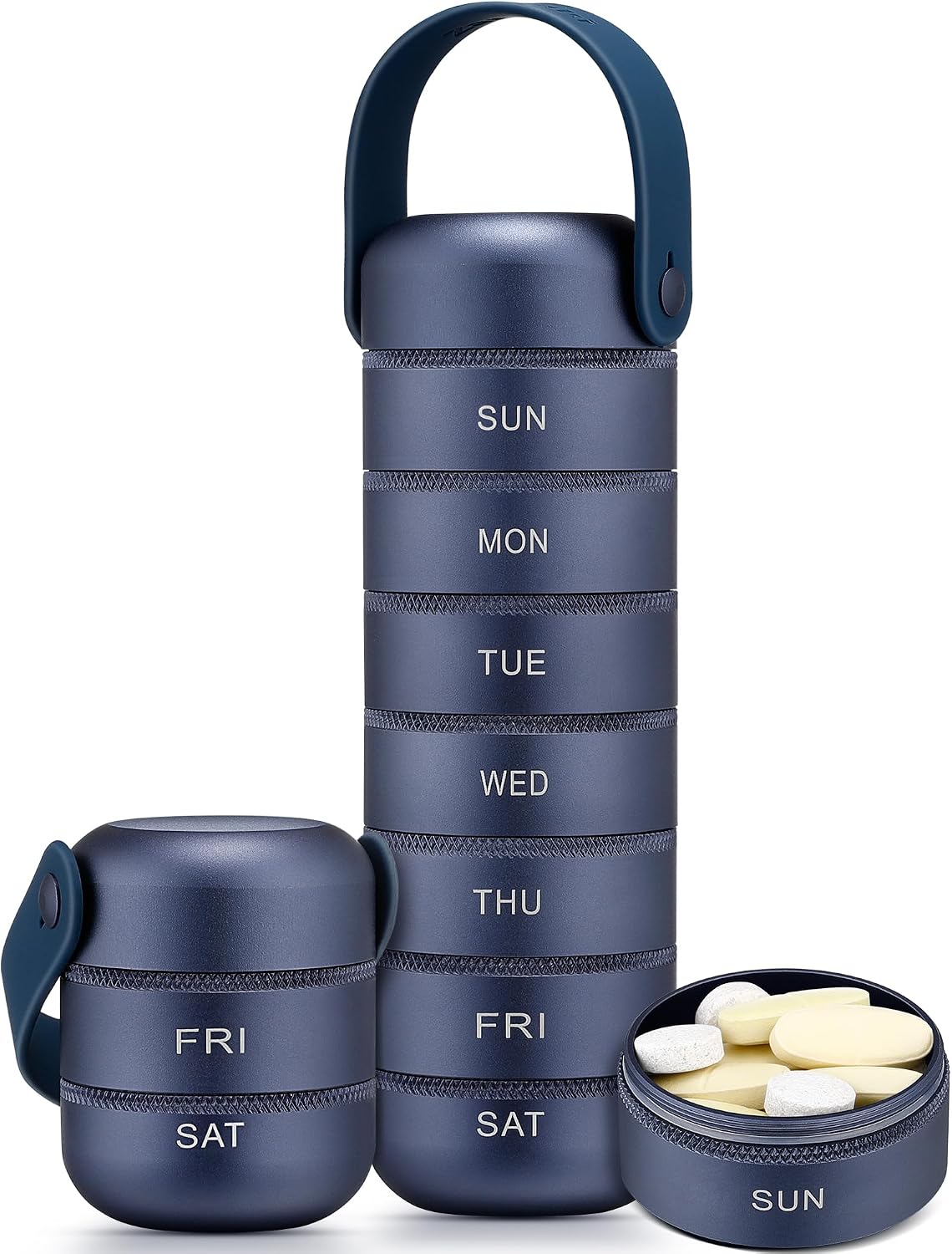 Metal Weekly Pill Organizer, Large Travel Pill Box 7 Day, Waterproof Daily Pill Case with Silicone Handle, Aluminum