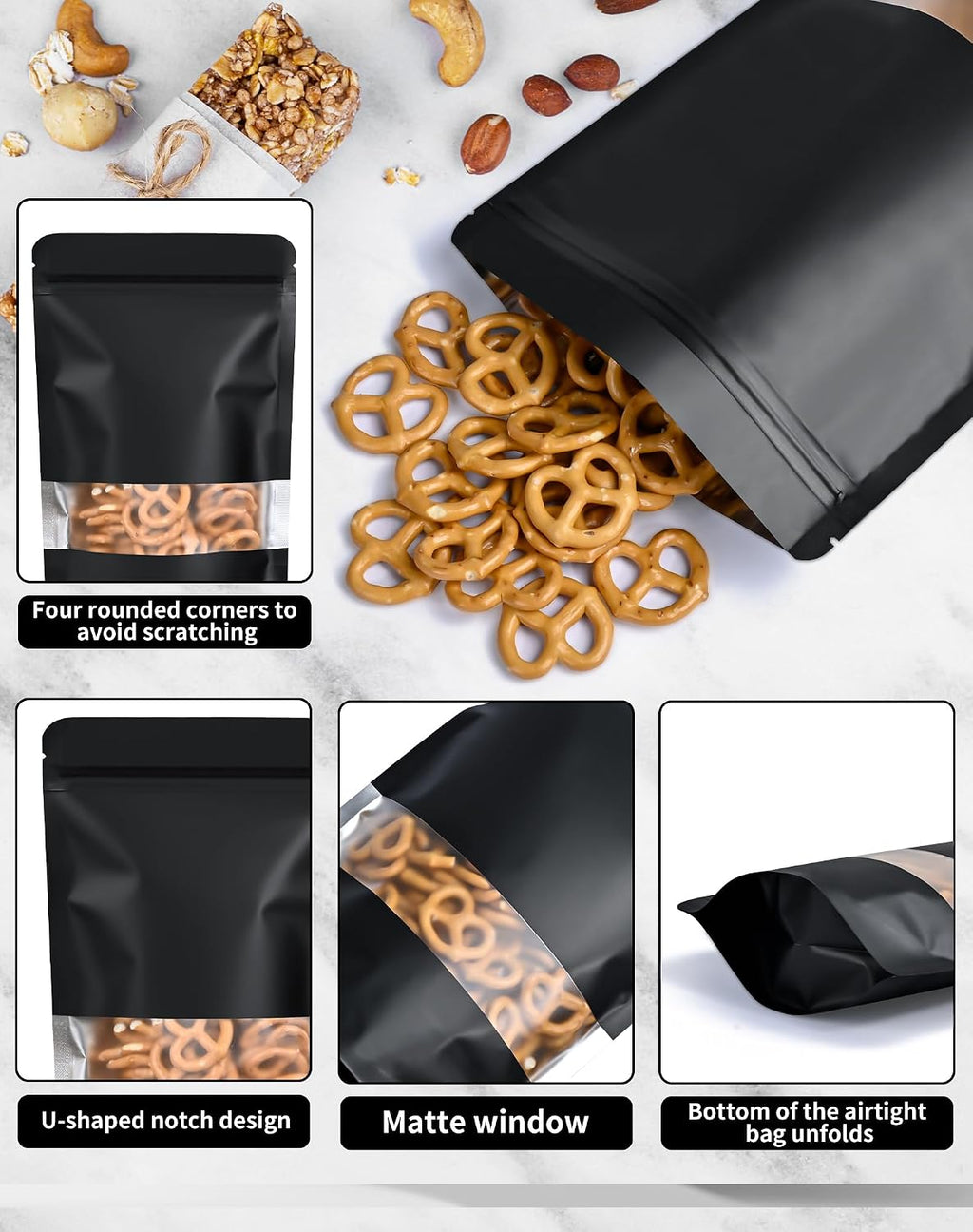 100 Pack Resealable Bags with Matte Window（Black，4" x 6"）