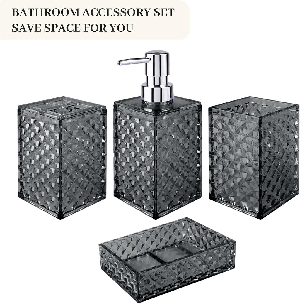 Bathroom Accessory Set, Grid Pattern 4 Pcs Plastic Bathroom Set, Grey | Include Soap Dispenser, Soap Dish, Toothbrush