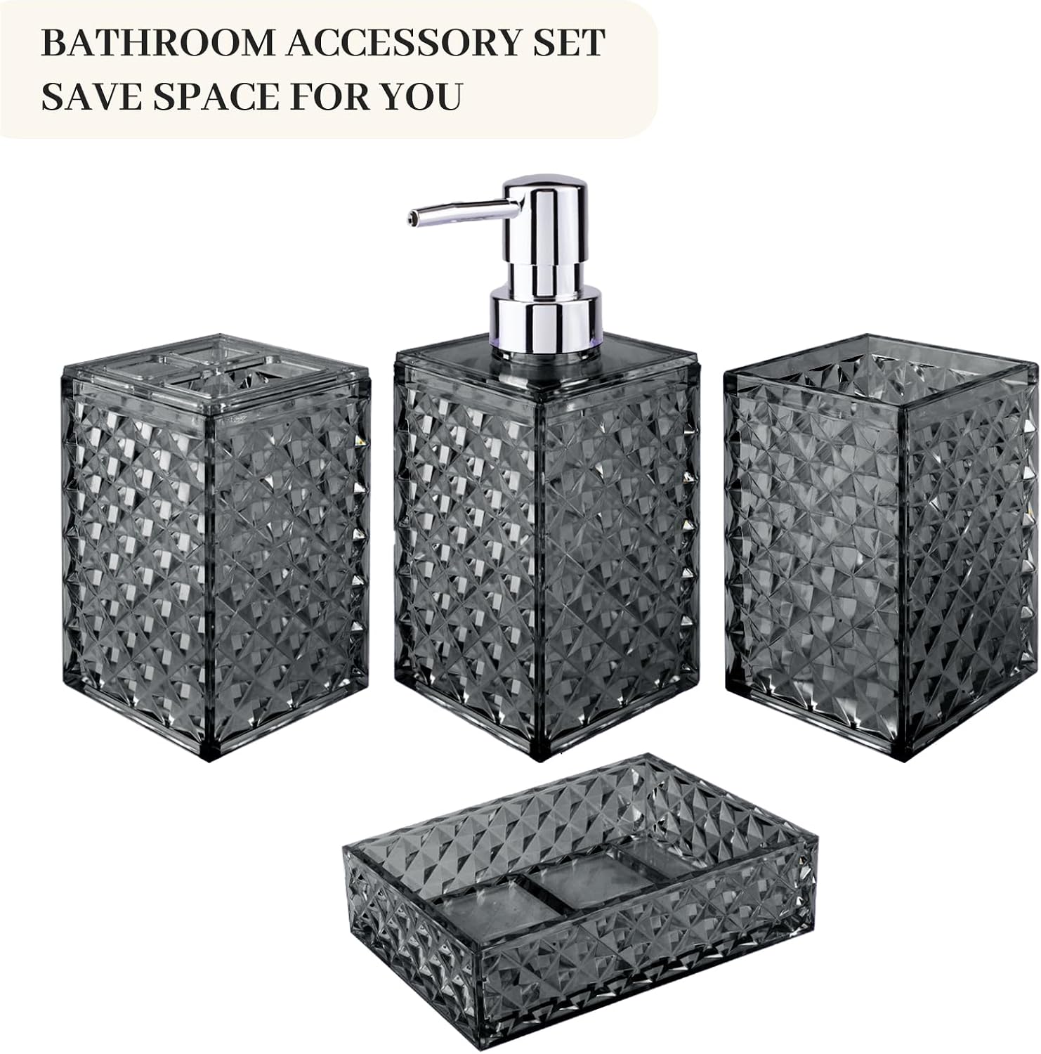 Bathroom Accessory Set, Grid Pattern 4 Pcs Plastic Bathroom Set, Grey | Include Soap Dispenser, Soap Dish, Toothbrush