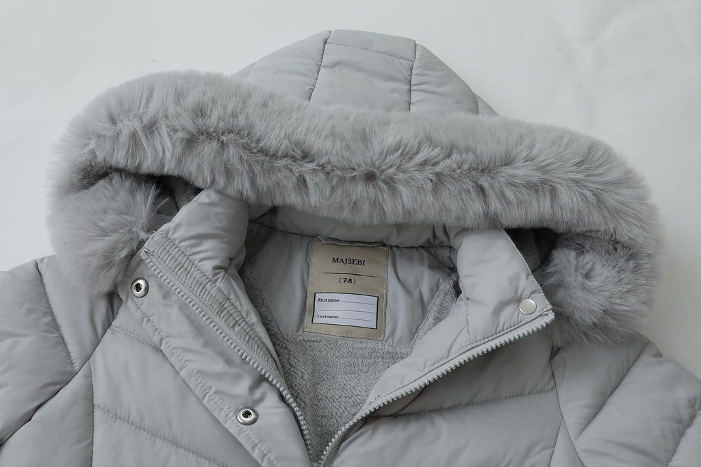 Girls Long Puffer Jacket with Faux Fur Hood,Winter Warm Down Coat for Kids Outerwear