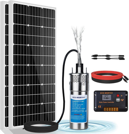 3.2GPM Solar Well Pump Kit for Watering- 1pc Submersible 12V Solar Water Pump + 2pcs 100W Mono Solar Panel + 20A