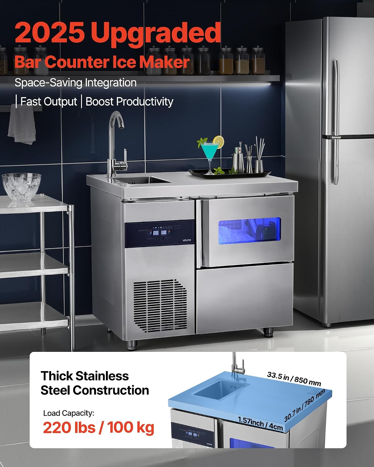 Commercial Ice Maker Machine, 132 lbs/24H Stainless Steel Worktop Ice Machine with Sink, 30 lbs Storage & 70