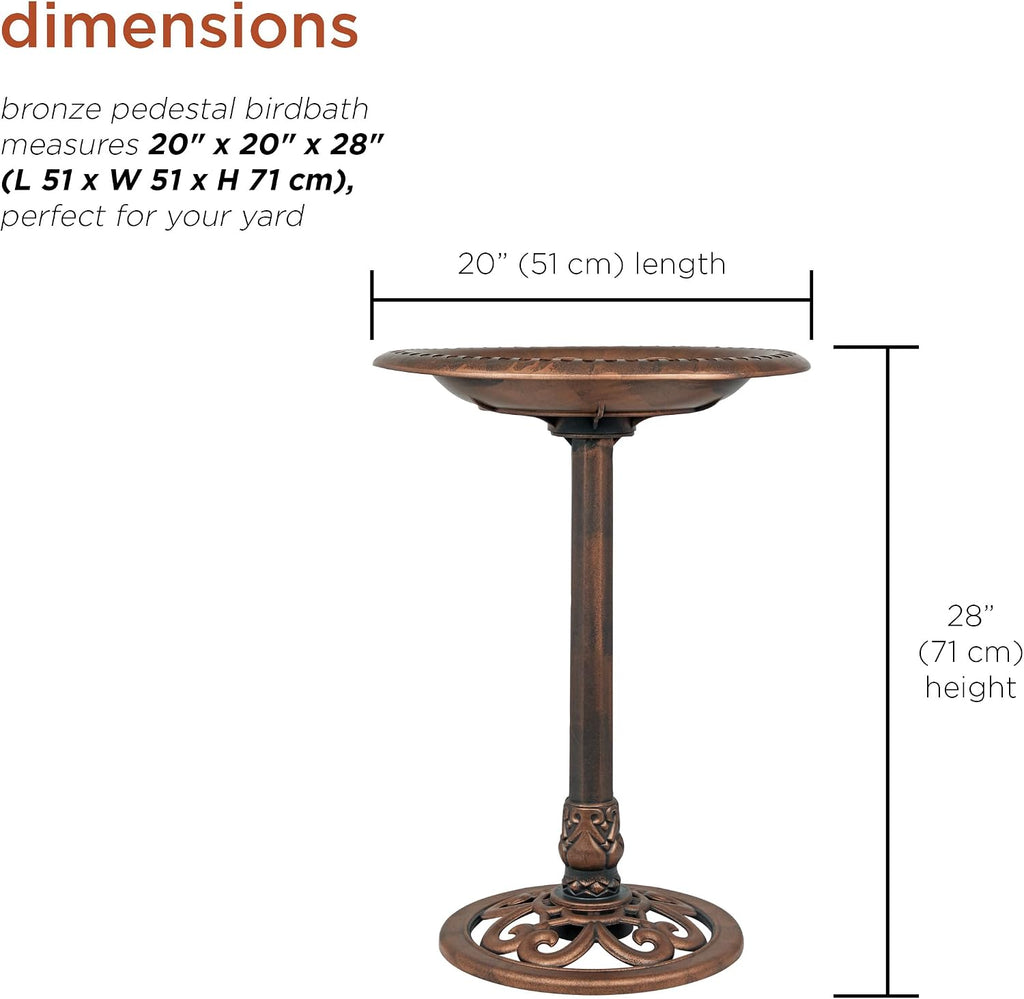 Alpine Corporation | 28" Bronze Outdoor Pedestal Birdbath with Scrollwork Base and Ground Stakes — Elegant Garden