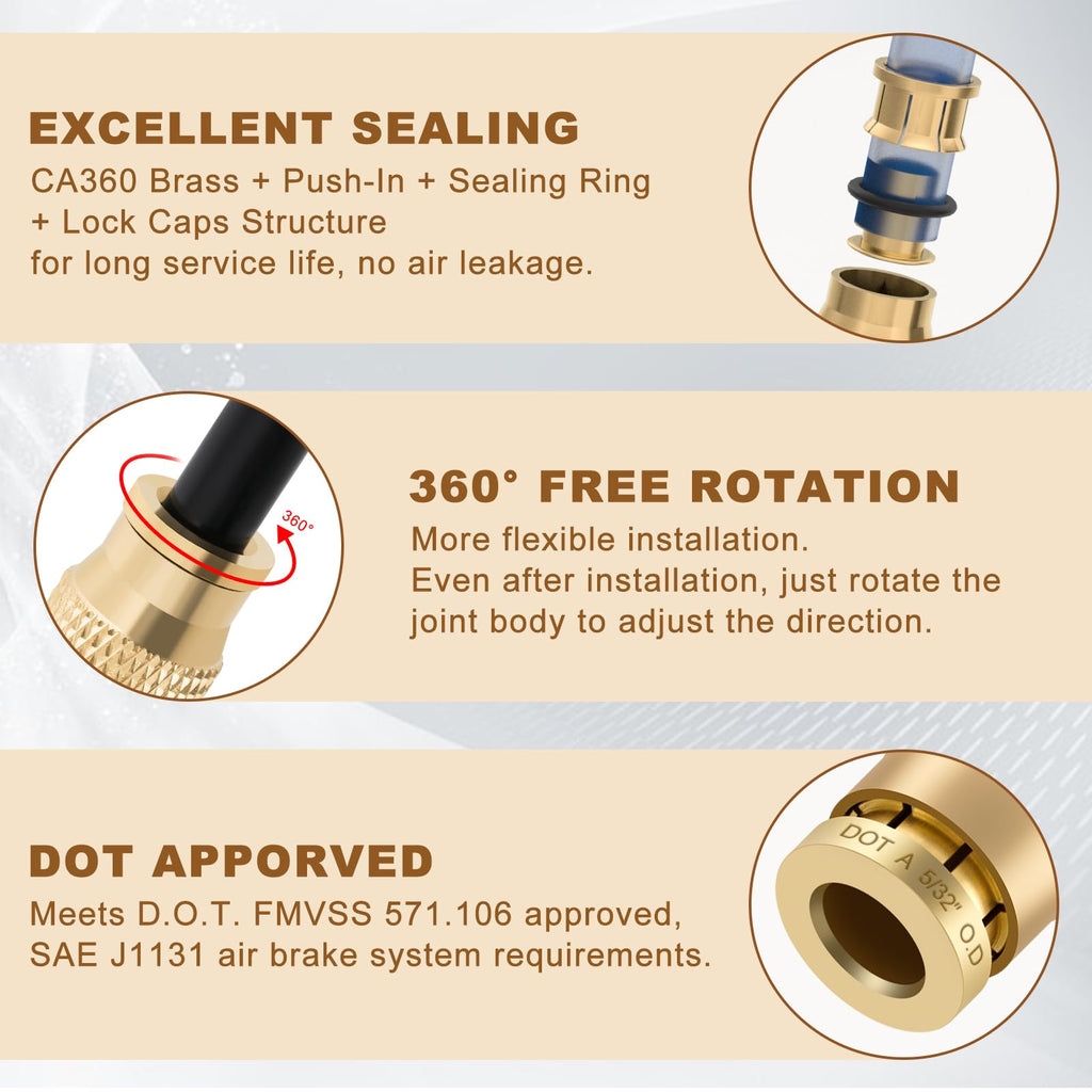 Boeray 5/32" Straight Brass Union, DOT Approved Air Line Connector 5PCS