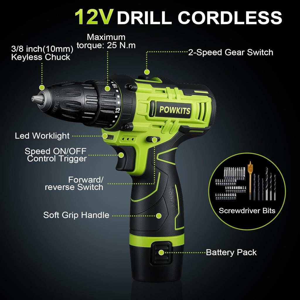 Cordless Drill Tool Set: 12V Power Drill Tool Kit with Battery & Charger, Portable Household Basic Drills Case for