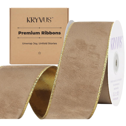 Champagne Velvet Wired Christmas Ribbon 2.5 inch x Continuous 10 Yards