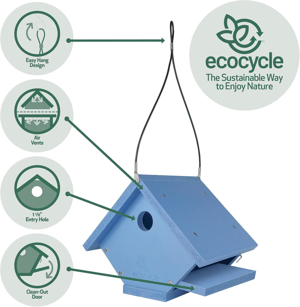 Wren Roost Recycled Plastic Bird House with Clean-Out Door, Wild Bird House and Outdoor Décor, Blue