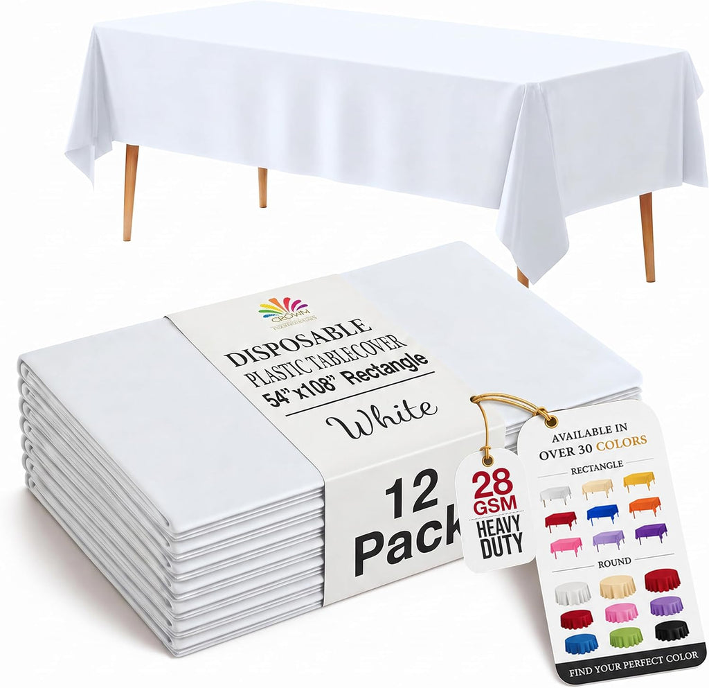 12-Pack Premium Plastic Tablecloth 54 Inch. x 108 Inch. Rectangle Table Cover-White