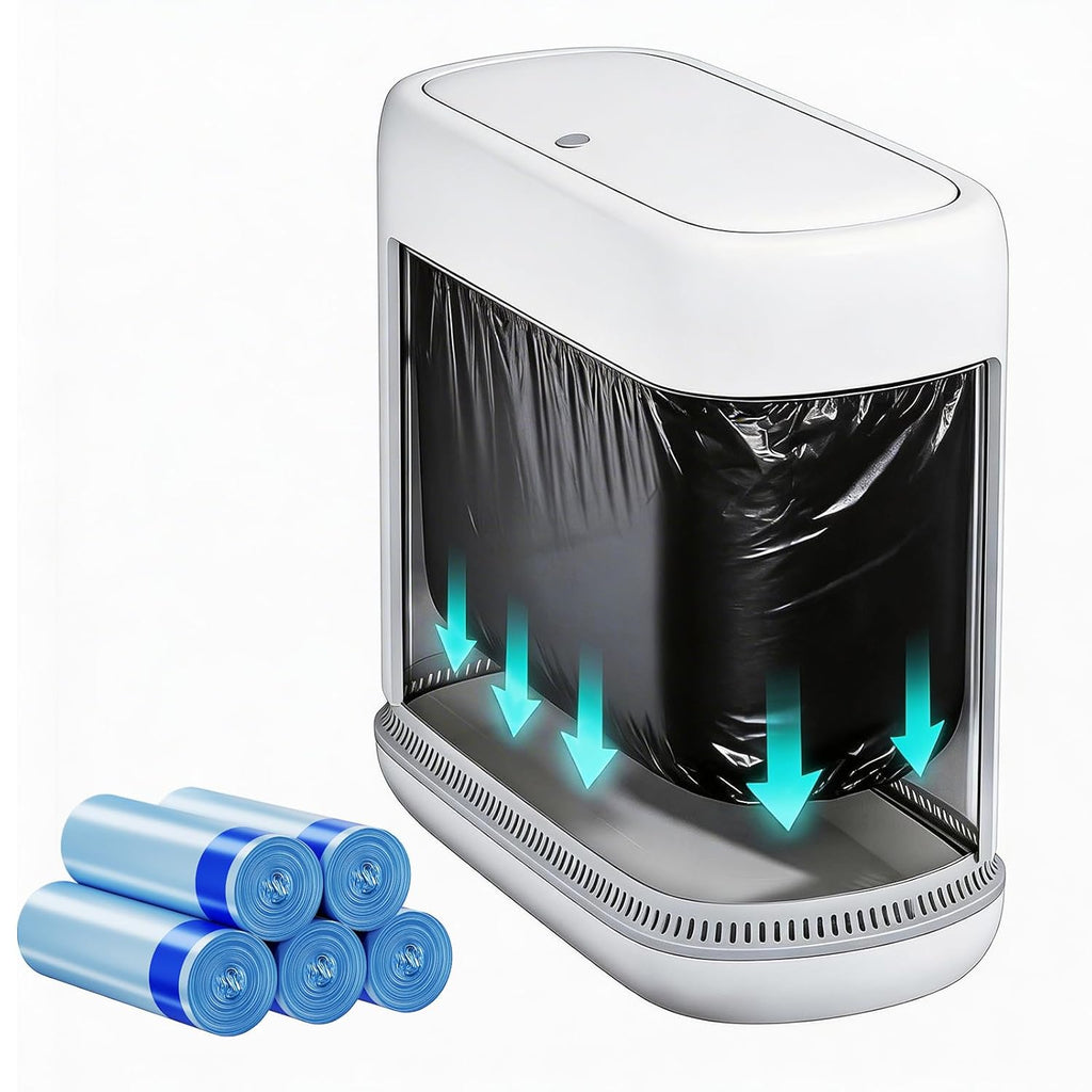 2.3 Gallon Slim Small Bathroom Trash Can with Lid, White Dog Proof Garbage Can with Air-Press Bag Expander &