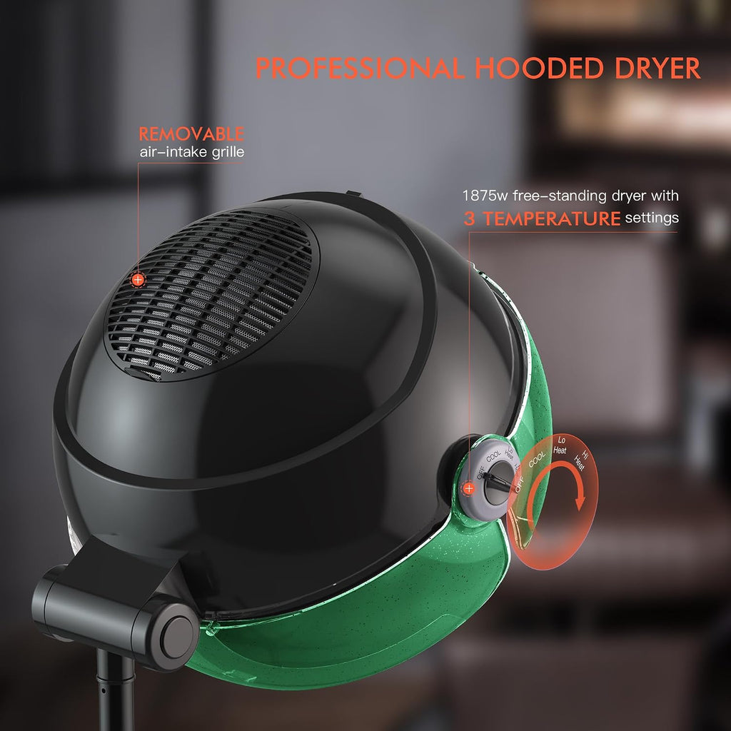 Professional Ionic Hooded 1875W Hair Dryer with 3 Temperature Settings, Transparent Glitter Visor, Side Switch